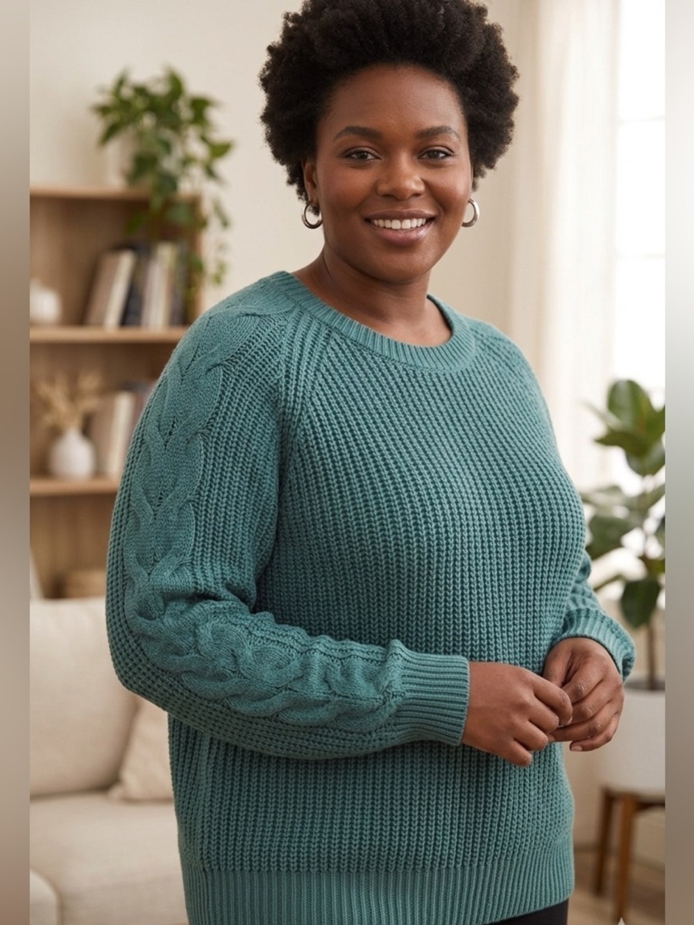 Eloquii | Green Crew Neck Knit Sweater with Sleeve Detail | Sz 14/16